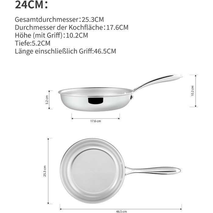 Нержавіюча сковорода з 5-шаровим покриттям, безпечна для посудомийної машини та духовки, індукційна, рівномірний розподіл тепла (24+28 см)
