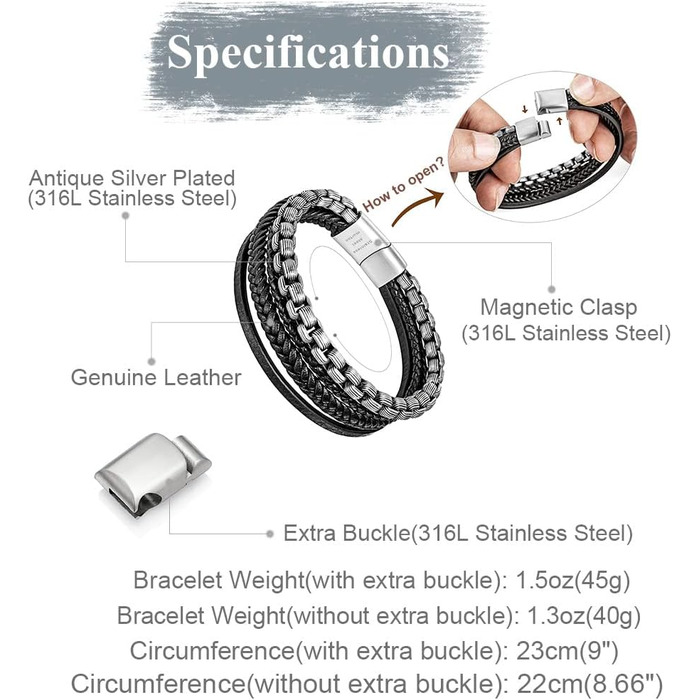 Чоловічий шкіряний браслет Murtoo з нержавіючої сталі: чорний та коричневий, магнітний замок 20 см