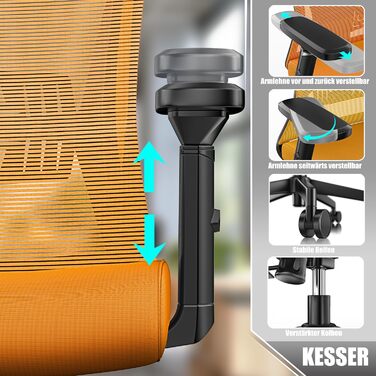Офісне крісло KESSER® ергономічне з регульованими підлокітниками, підтримкою попереку та підголівником | Крісло для офісу з функцією гойдання до 125° та 5 колесами | Оранжево-чорний колір