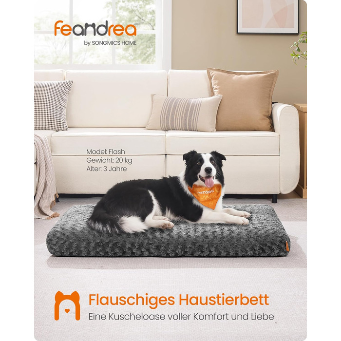 Ліжко для собак Feandrea XL, м'яке, плюшеве, 110 x 73 см, для великих собак, сірий колір, знімний чохол, антиковзаюча поверхня
