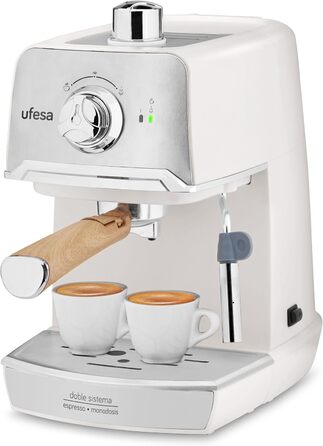Ufesa 7238 Espresso Machine with Milk Frother, 20 Bar, Cup Warmer, Compact Classic Design, White
