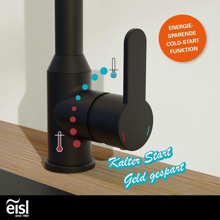 Кран кухонний гнучкий EISL Flexo з нержавіючої сталі/чорний, з високим виливом та м'яким шлангом, поворотний на 360 градусів, NI186FLNIB