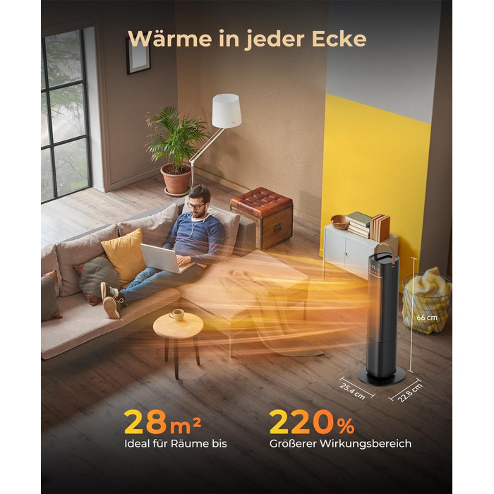 Електричний обігрівач PTC з керамічним нагрівачем, 2000W, 75° обертання, термостат, тихий, 3 режими, таймер 24 год, захист від перегріву та перекидання