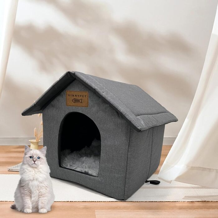 Vinnypet Outdoor Cat House - Winterproof, Waterproof, Warm Pet Shelter with Plush Cushion - Dog House, Stray Animal Shelter - 40x35x40cm Grey