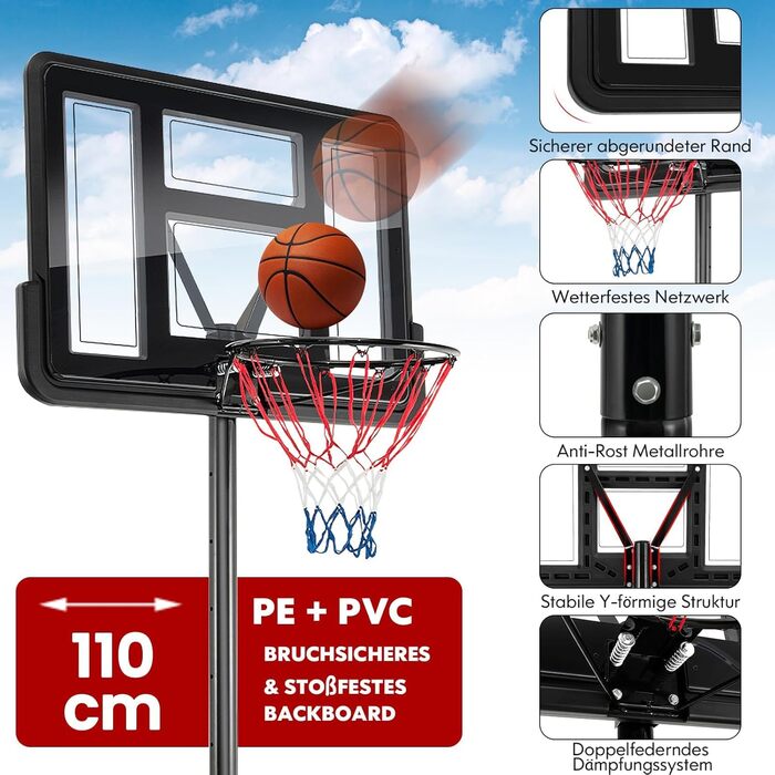 COSTWAY Adjustable Height Basketball Stand - 130-305cm Outdoor Basketball Hoop with Stand & Wheels - Mobile Basketball System with Ball Storage - Hoop System for Kids & Adults - Includes 2 Nets