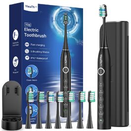 Електрична зубна щітка зі звуковими вібраціями, 8 насадок (3 типи), таймер, 120 днів роботи від акумулятора, 5 режимів чищення, чохол для подорожей, зарядний пристрій (чорний)