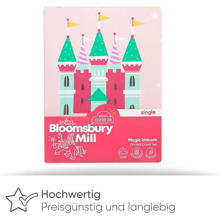 Дитяча постільна білизна Bloomsbury Mill 135x200: ковдра та наволочка з єдинорогом, рожева та фіолетова