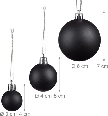 Relaxdays Christmas Baubles, Set of 100, Christmas Decoration, Matte, Glossy, Glittering, Christmas Tree Balls ∅ 3, 4 & 6 cm, Black, 10027269_46