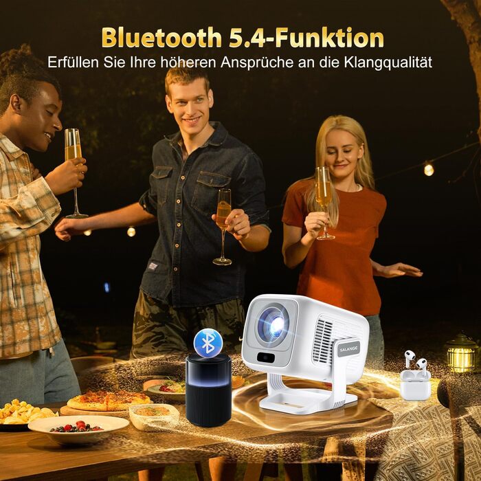 Mini проєктор Salange 2026,8K з Android, WiFi 6, Bluetooth 5.4, авто-корекція Keystone, портативний, для дому та на вулицю, 270° обертання, білий (Sala260max)