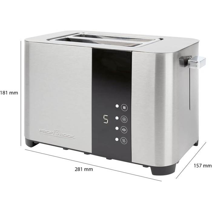 Тостер ProfiCook PC-TA 1250 Inox з сенсорним дисплеєм: 2 слоти, нержавіюча сталь, 850 Вт, 7 рівнів підсмажування, підставка для тостів, висувна кришка для крихт, згортання кабелю