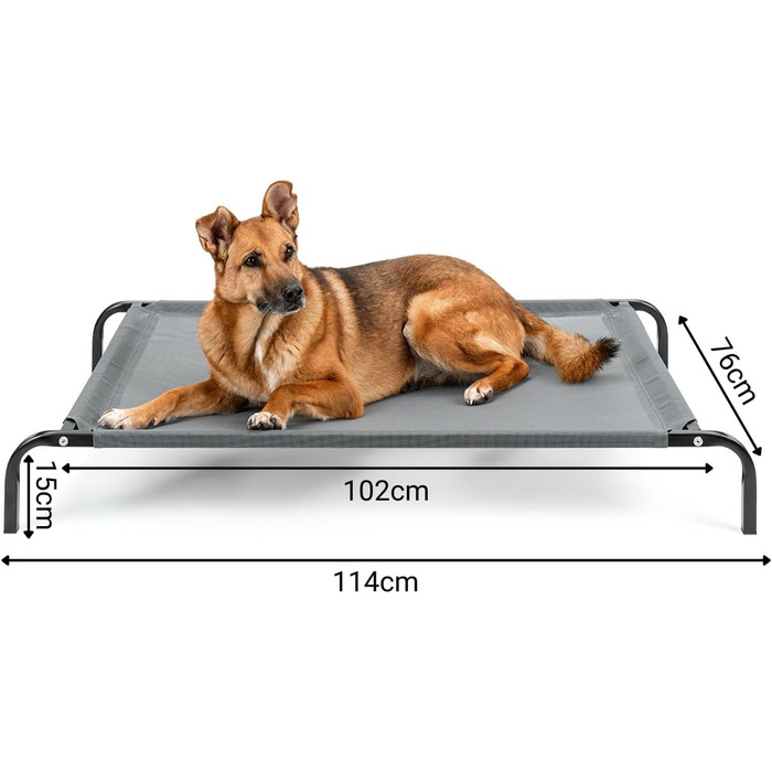 Лежанка для собак Lionto Outdoor, піднята, стабільна, сіра, 114x76x15 см. Зручна та стійка, з дихаючим покриттям та металевим каркасом. Захист від холоду підлоги.