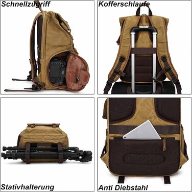 Рюкзак для фотокамери Vmokki Rolltop з водонепроникним покриттям, великий, з швидким доступом, анти-крадіжка, тримач для штатива, відділення для ноутбука. Підходить для дзеркальних фотоапаратів, аксесуарів (Хакі)