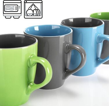 Набір керамічних чашок Com-Four® 6 шт. 350 мл - чайник для гарячих та холодних напоїв, сучасний дизайн, блакитно-зелено-сірий, з ручкою