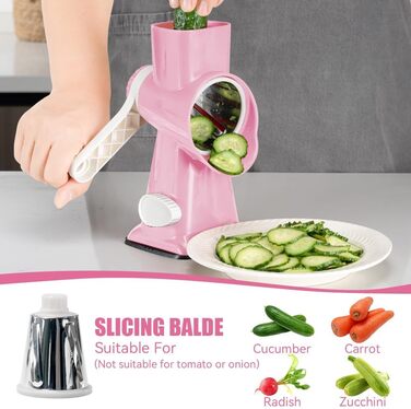 Ручна тертка для сиру та овочів Dreamhigh з ручкою, 3 змінні леза з нержавіючої сталі, ідеальна для сиру, горіхів, моркви та інших продуктів, білий колір (рожевий)