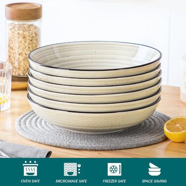 Набір супових тарілок Vancasso Bonbon (6 шт.), супові миски з кераміки, об'єм 1500 мл, глибокі, для пасти, салатів, підходить для миття в посудомийній машині та використання в мікрохвильовій печі, бежевий