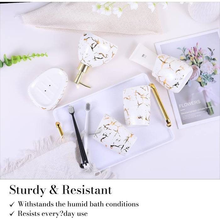 Bathroom Accessories Set, Gold Marble Look, Modern 6-Piece Bathroom Accessories Set, complete with soap dispenser, toothbrush holder, cup, tray, countertop (White Gold)