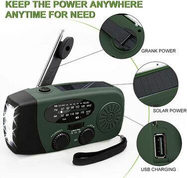 Радіо Solar-Radio 2000mAh на сонячній батареї/AM/FM, з ручним заводом, SOS-сигналом, LED-ліхтарем + USB-зарядка, водонепроникне для кемпінгу, туризму, надзвичайних ситуацій (оливково-зелене)