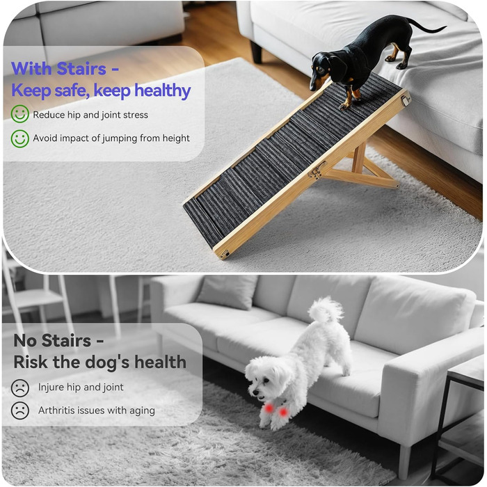 Pawaboo Дерев'яна пандус для собак, регульована висота, до 143lbs, 80x30см