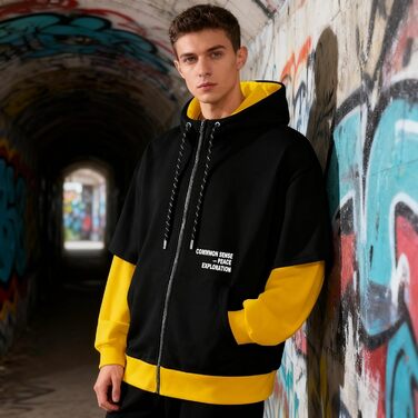 Чоловіча толстовка з капюшоном RUIZEHONG з блискавкою, спортивна куртка, блоковий колір, повсякденний стиль, з кишенями, біло-чорна (чорно-жовта, L)