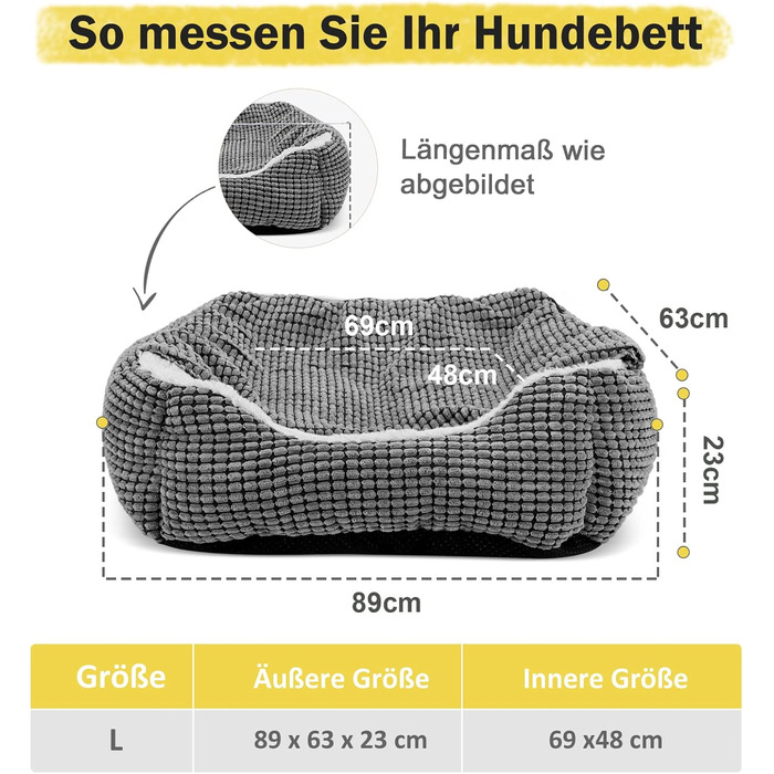 Dog Bed for Medium-Sized Dogs, Dog Basket with Removable Blanket, Corduroy Dog Beds Fluffy Washable, Non-Slip Dog Basket, Dog Sofa with High Edge Fits up to 18kg Pets (76x61x23cm) (L 89 x W 64 x H 23 cm)