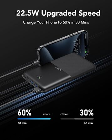 Power Bank VRURC 30000mAh 22.5W з 4 виходами та 3 входами: зарядний пристрій для iPhone, Huawei, планшетів (чорний)
