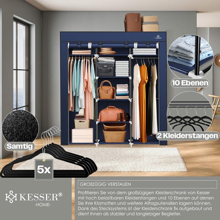 KESSER® Wardrobe Clothes Closet Stable with Clothes Rail & Shelves, Incl. 5x Clothes Hangers, Fabric Folding Closet for Bedroom, Dressing Room Wardrobe with Clothes Rack 150x45x175cm Navy Blue