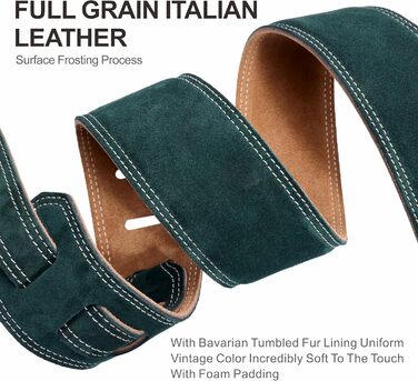 Гітарний ремінь Nefelibata з повного зерна шкіри, 2,5 см, з підкладкою з піни та петлею для кабелю, для акустичної, бас та електрогітари (темно-зелений)