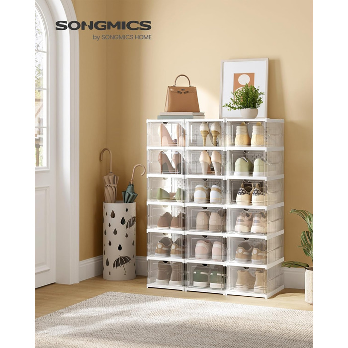 SONGMICS Shoe Cabinet 3-Piece Set, with 18 Shoe Boxes, Integrated Shoe Organizer, Foldable, Portable, for Shoe Sizes up to 46, 1-Minute Assembly, Transparent-Cloud White LSP207W01