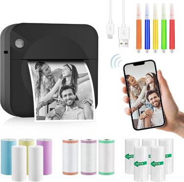 Портативний термопринтер GuKKK Mini: бездротовий фотодрук зі смартфона, 13 рулонів паперу та 5 кольорових олівців, для списків та щоденників