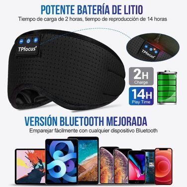 Маска для сну TPfocus з навушниками для тих, хто спить на боці, Bluetooth, миється, блокує світло, з мікрофоном, чорний (Ice Black)