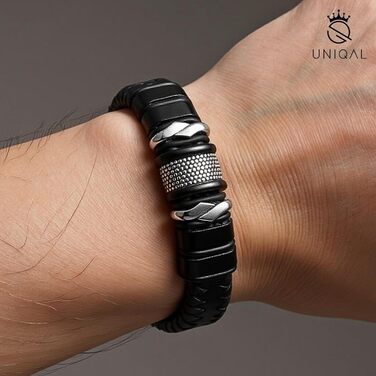 Чоловічий шкіряний браслет UNIQAL 'Premium Style' Mamba Black 23 см з нержавіючої сталі + Подарункова коробка
