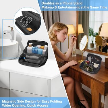 Чоловіча та жіноча дорожня косметичка Lermende з подвійною блискавкою, великий об'єм, зручна ручка для подорожей. (Чорний)