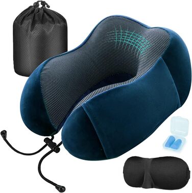 Подушка для шиї MASMAS з Memory Foam, ортопедична, для подорожей (синій комплект)