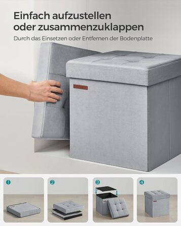 SONGMICS Storage Ottoman, Small Folding Bench, 38 x 38 cm Footstool, Storage Box, Holds up to 300 kg, for Living Room Bedroom Dorm, Dove Grey LSF227G02 38T x 38B x 38H cm Dove Grey