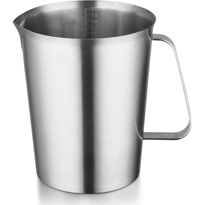 CURTA stainless steel measuring cup, 2L measuring cup, stainless steel milk frothing pitcher with markings, types of markings including ml, oz, and cup…