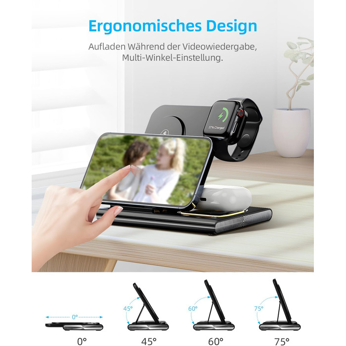 Бездротовий зарядний пристрій Carehabi 3-в-1: для iPhone, Apple Watch та AirPods Pro