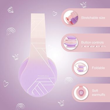 Дитячі навушники PowerLocus Bluetooth з обмеженням гучності 85dB, складні, з чохлом, Over-Ear, бездротові та провідні з мікрофоном, Micro-SD для телефону, ПК, планшета, зелені (Принцеса)