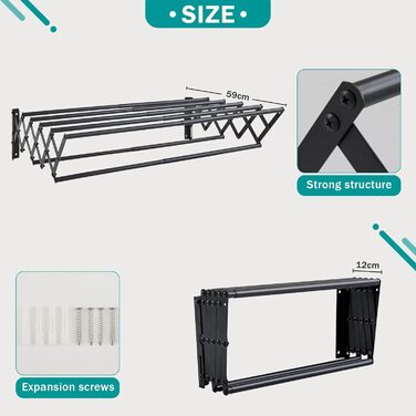 Настінна сушилка для білизни YOUDENOVA з 7 стійок, розсувна, для ванної кімнати, металевий тримач для рушників, (42-80) x 59 x 19 см, чорний