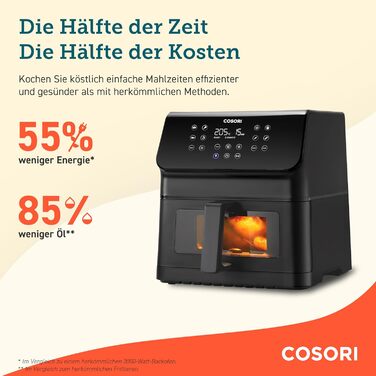 COSORI Air Fryer, 12-in-1 XXL Air Fryer 6.2L, Hot Air Fryer with Viewing Window & Shake Reminder, 80 Recipes, 55 Percent Energy Saving, Dishwasher-Safe Baskets Black Clear Blaze