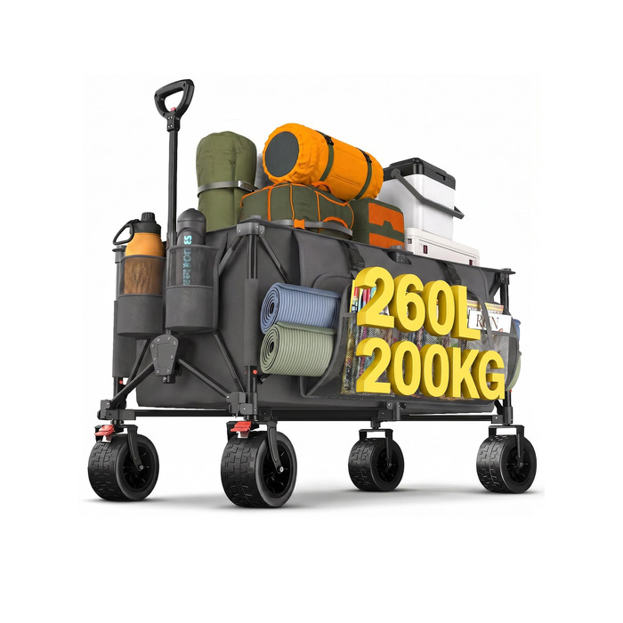 Візок-тележка JUMMICO XXXL 260л, вантажопідйомність 200кг, чорний - для пляжу, покупок, кемпінгу