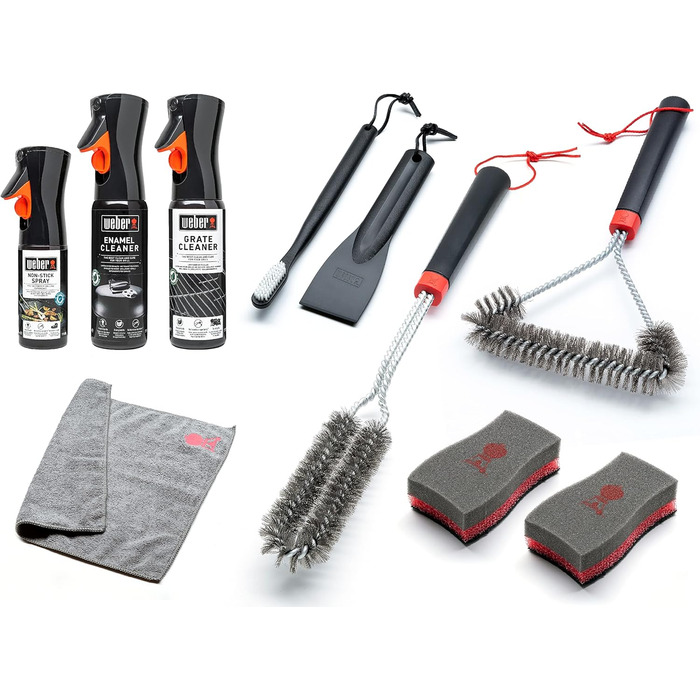 Weber Grill Cleaning Set for Enamel Grills, includes: 3 Grill Brushes, Grill Grate & Enamel Cleaner (300ml each), Non-Stick Spray 200ml, Microfiber Cloth, Scraper, 2 Cleaning Sponges (18284)