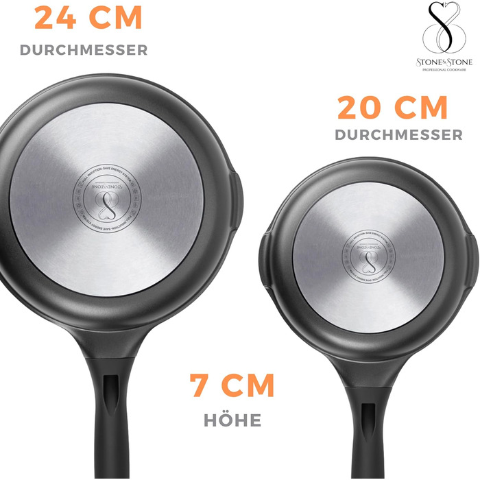 Набір сковорідок Stone&Stone (4 шт.): 20, 24, 28, 32 см | Антипригарне покриття, індукція, газ | Алюміній, сталь, німецьке покриття, без PFAS | + 4 кришки, 4 аксесуари