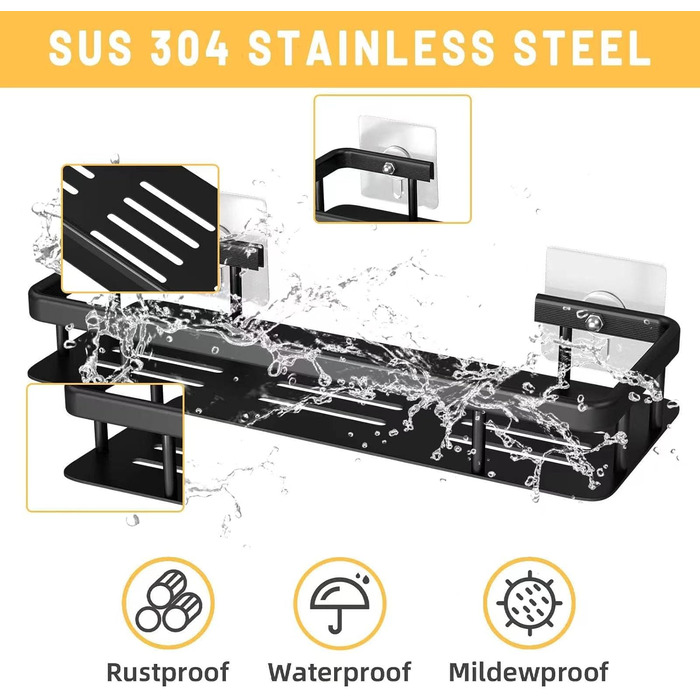 Полка для душу без свердління, 2 шт. Алюмінієва полиця для душу, нержавіюча сталь, кошик для душу з 6 клейкими поверхнями та 4 гачками, чорний колір. Підходить для ванної кімнати, кухні.