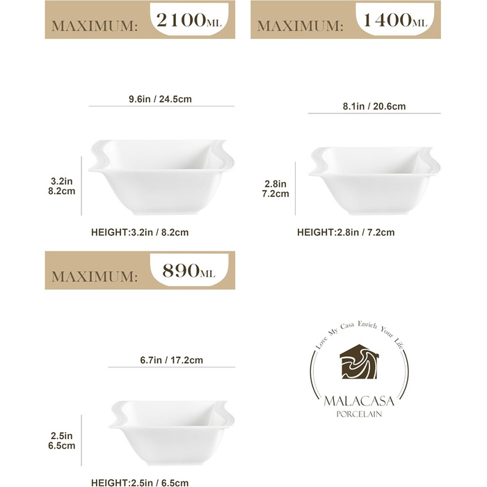 MALACASA Набір мисок для мюслі та супу, 4 шт., кераміка, 800 мл, 2100 мл, 1400 мл, 890 мл (білий)