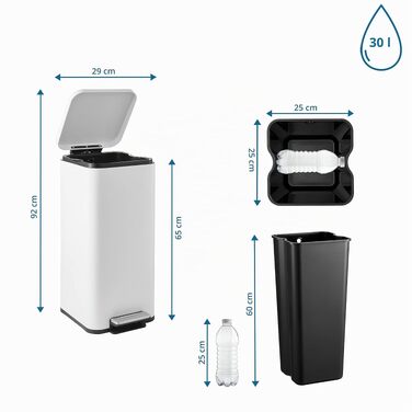 Сміттєвий відер з педаллю та кришкою Softclose hjh OFFICE CLEAN Slim, сталевий вузький кошик для сміття з внутрішнім відром, 30л, білий