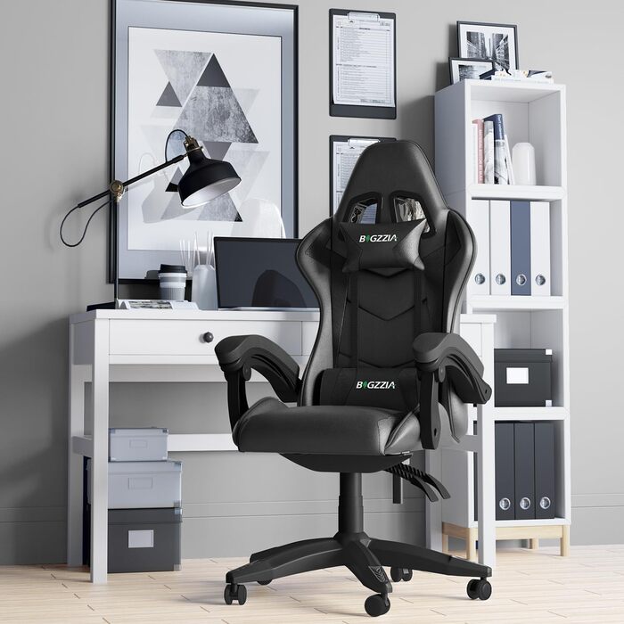 Геймерське крісло Racingreat Ergonomic: PC крісло для геймерів та офісу з регульованим кутом нахилу, PU шкіра, подушка під голову. Чорне.