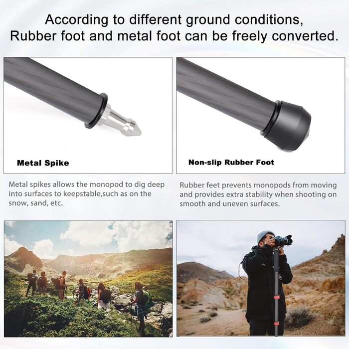 Монопод Koolehaoda MP-285EC для камери: карбонове одноноге штатив, 166 см, 6 секцій, вантажопідйомність 10 кг