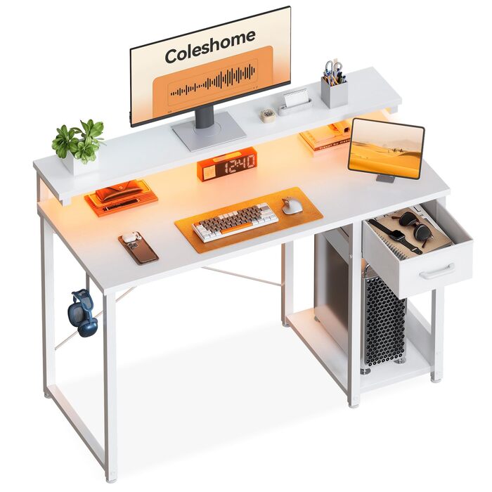 Ігровий стіл Coleshome з LED-підсвіткою та підставкою для монітора, 100×45 см, білий