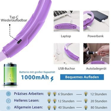 Ліхтар на шию LUXJET LED для читання, в'язання, ремонту: акумуляторний, 3 кольори, регульована яскравість (світло-ліловий)