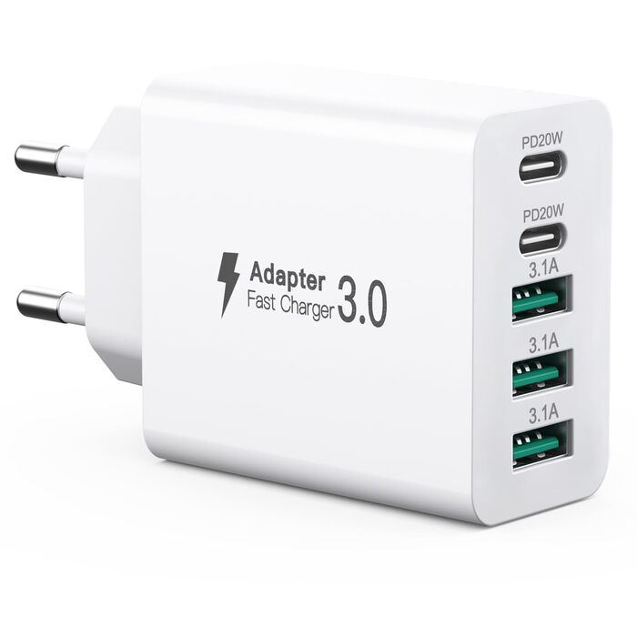 Зарядний пристрій USB-C 50W, 5 портів: 2 USB-C + 3 USB-A, Fast Charge PD 3.0, сумісний з iPhone, Samsung, планшетами - Білий